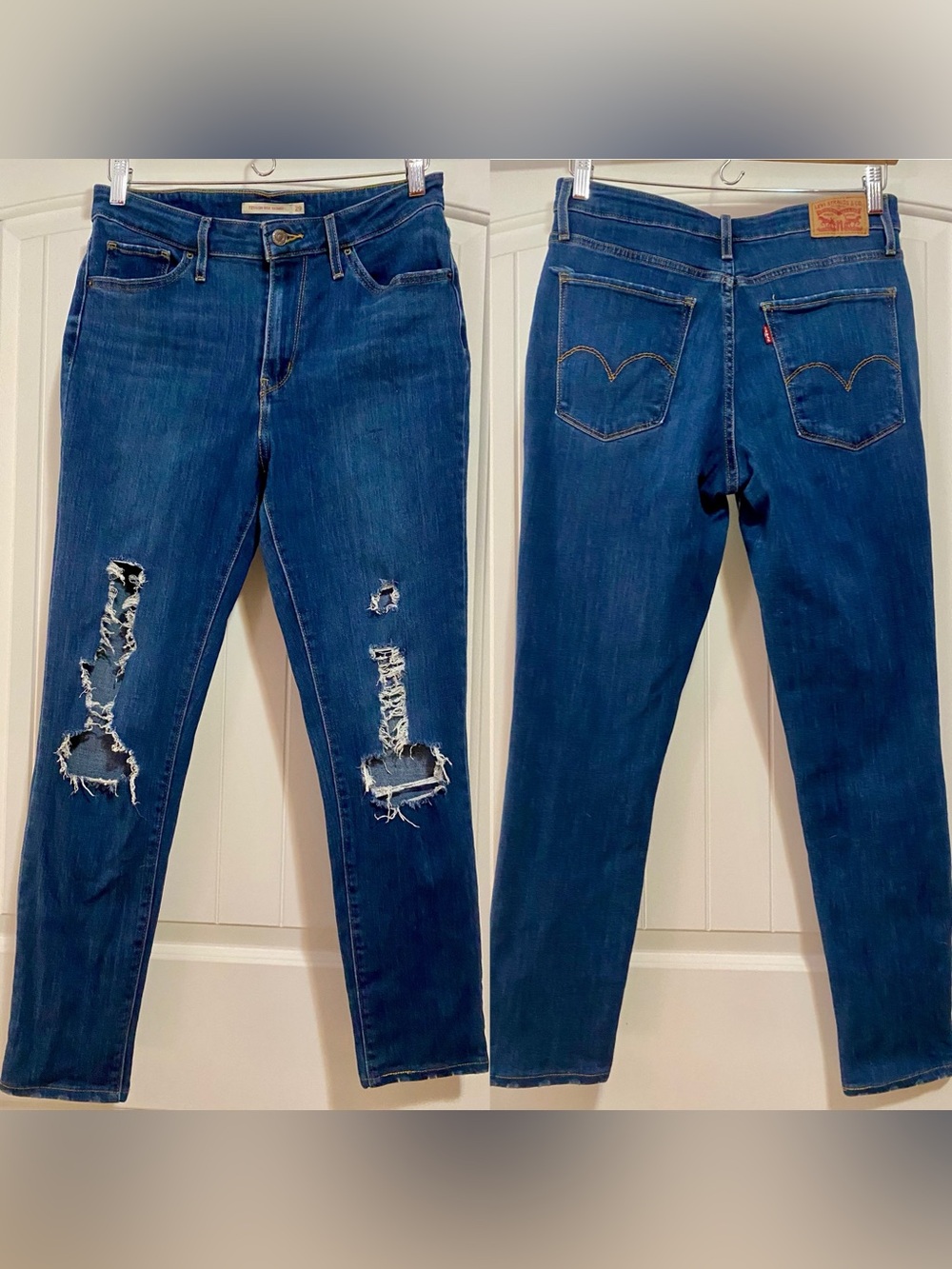 Levi's 721 High Rise Skinny Jeans Size 29, Medium Blue Wash Distressed Ripped